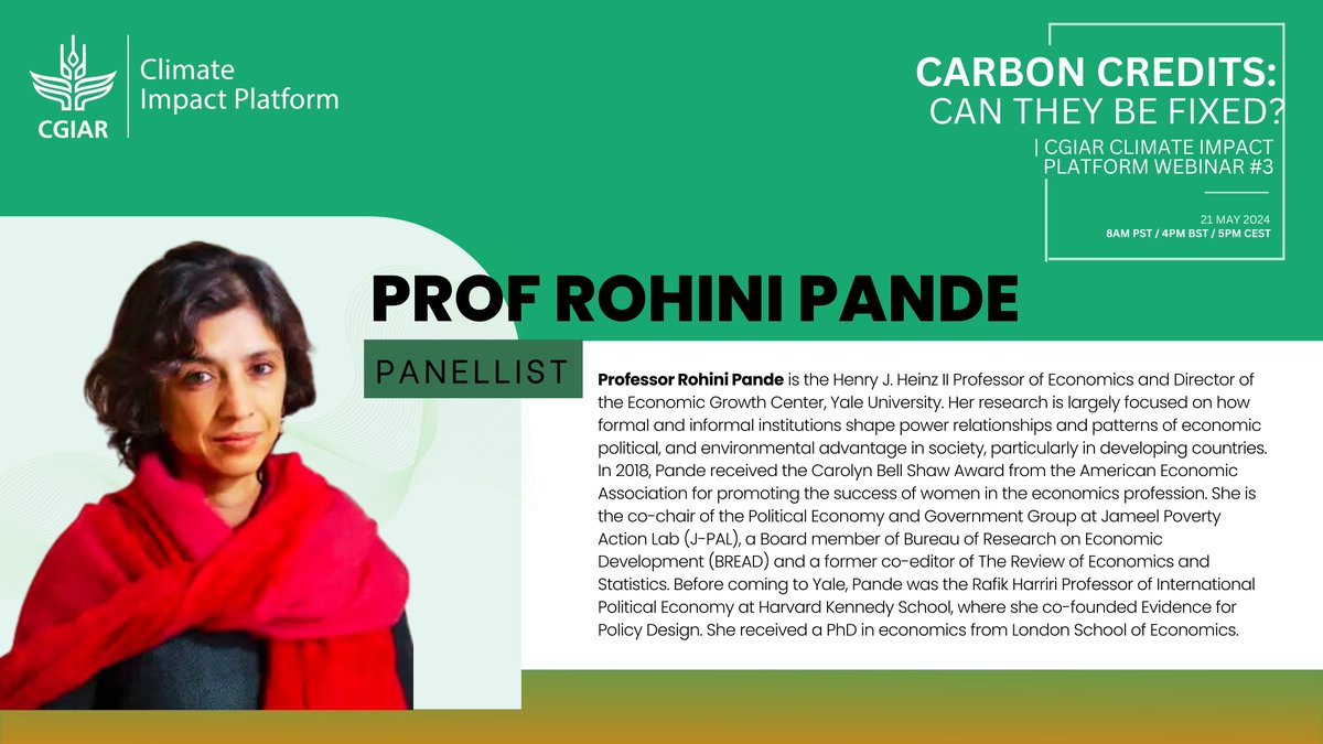 #CarbonCredits: Can they be fixed? | Climate Impact Platform Webinar 3

📉 Why is forest #CarbonOffsetting failing? Global experts, including Yale's Enviro Economist, Prof Rohini Pande, weigh in and share insights. 

⏰ 3pm GMT, May 21
 Sign up now!  on.cgiar.org/3QJ0vPo