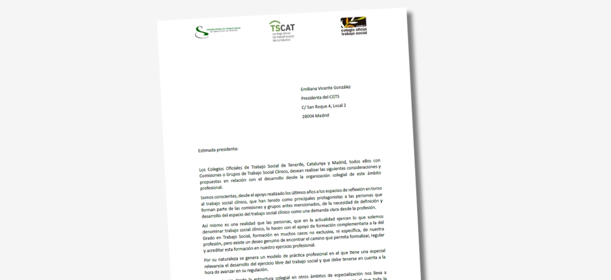 Col·legi de Treball Social de Catalunya (@treballsocial1) on Twitter photo Carta conjunta del #TSCAT, el <a href="/ColegioTSMadrid/">Colegio Trabajo Social Madrid</a> i el <a href="/COTSTenerife/">Colegio Trabajo Social S/C de Tenerife</a> adreçada al <a href="/cgtrabajosocial/">CGTrabajoSocial</a>.
Proposem:
✅Establir un procés de treball per avançar en el consens professional i científic del que s'entén per #treballsocialclínic
✅ Crear un document de mínims aprovat per Carta conjunta del #TSCAT, el <a href="/ColegioTSMadrid/">Colegio Trabajo Social Madrid</a> i el <a href="/COTSTenerife/">Colegio Trabajo Social S/C de Tenerife</a> adreçada al <a href="/cgtrabajosocial/">CGTrabajoSocial</a>.
Proposem:
✅Establir un procés de treball per avançar en el consens professional i científic del que s'entén per #treballsocialclínic
✅ Crear un document de mínims aprovat per