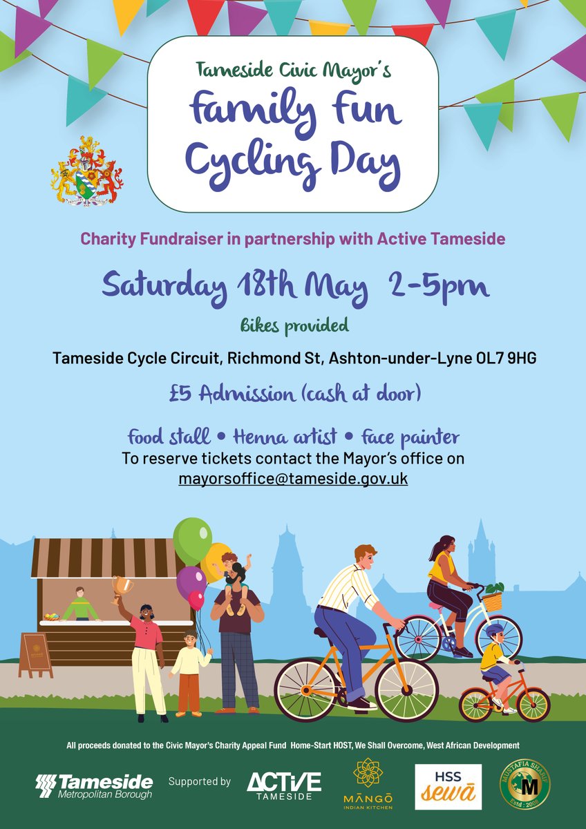 Tameside Council (@tamesidecouncil) on Twitter photo Join in the fundraising Family Fun Cycling Day hosted by Civic Mayor Cllr Tafheen Sharif 💚🚲
Enjoy the nice weather and come along and for the biking and activities! 🎨 🌭 <a href="/active_tameside/">Active Tameside</a>
📆 Sat 18 May
🕓 2pm - 5pm
📍 Tameside Cycle Circuit, OL7 9HG
More info👇 Join in the fundraising Family Fun Cycling Day hosted by Civic Mayor Cllr Tafheen Sharif 💚🚲
Enjoy the nice weather and come along and for the biking and activities! 🎨 🌭 <a href="/active_tameside/">Active Tameside</a>
📆 Sat 18 May
🕓 2pm - 5pm
📍 Tameside Cycle Circuit, OL7 9HG
More info👇