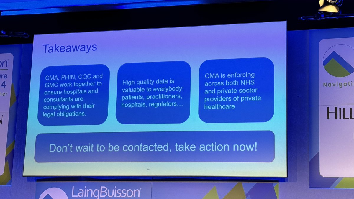 At @LaingBuisson’ #PrivateHealth summit, Adam Land from the @CMAgovUK shares the progress and updates regarding compliance for private hospital providers + consultants and their obligations under the Private Healthcare Market Investigation Order 2014… ultimately providing better