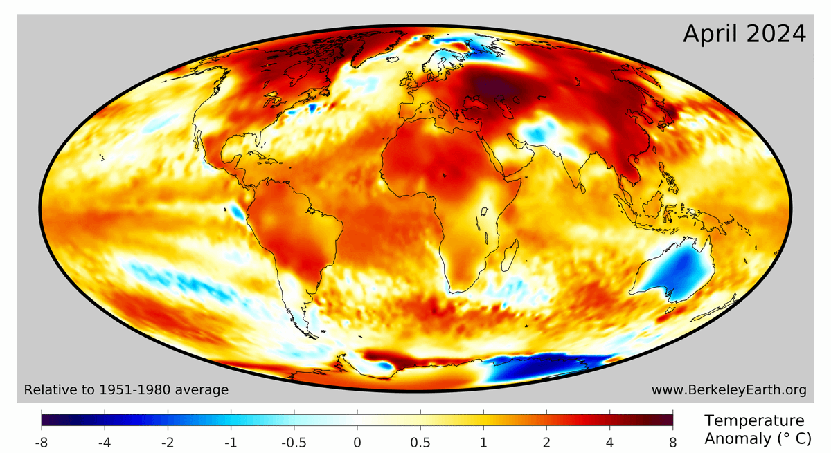 April 2024 continued the pattern of widespread warmth, including in Canada, Asia, Africa, South America, and the Atlantic. Only Australia and East Antarctica provided notable exceptions to the current warmth. 5/