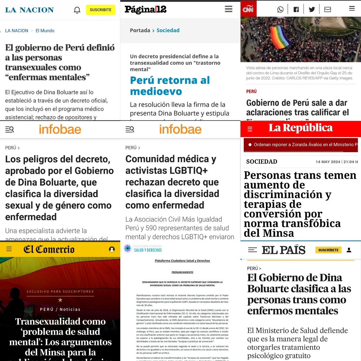 Rechazo unánime y vergüenza internacional frente al discriminador y estigmatizante Decreto Supremo 009-2024 generado por el @Minsa_Peru y refrendado por Dina Boluarte que clasifica a las personas transexuales como 'enfermos mentales'. Aquí algunos titulares y comunicados