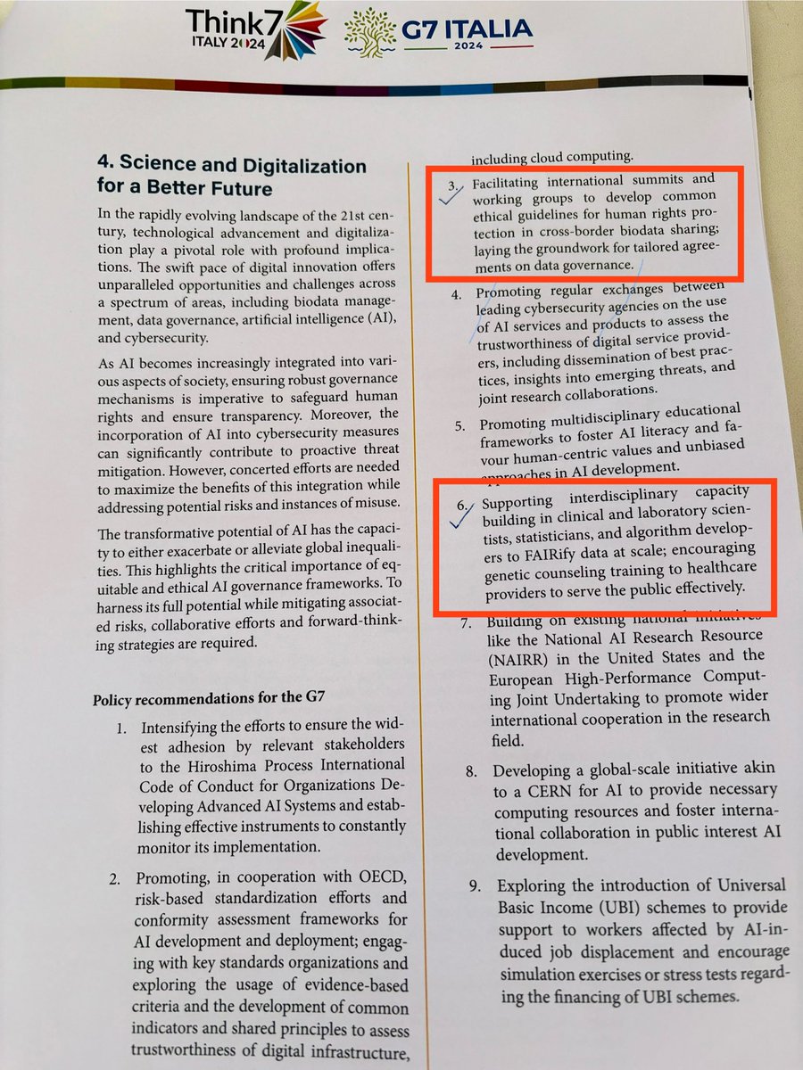 Thrilled that 2 of our proposals on biodata governance are in the official recommendations to the G7! Very pleased to present the policy brief at Think7 in Rome on Tuesday on behalf of @KRavisrinivas, S Sincavage, ML Fung, TW Muehlfelder & M Bertolaso tinyurl.com/467fuymy