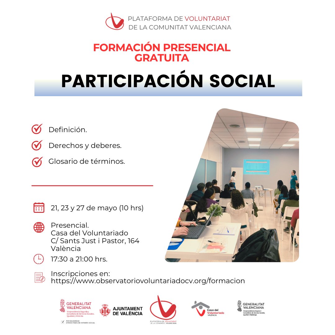 ¡Apúntate al curso de Participación Social! 🔴 10 h de formación 🔴 21, 23 y 27 de mayo 🔴 Casa del Voluntariado de València ¿Te interesa? Inscríbete ya en: cutt.ly/feqCOI1X