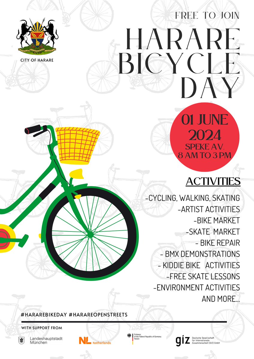 Don't miss #HarareBikeDay on Saturday 1 June at Speke Ave. Roads will be closed to cars, & you will see your city in a new light.🏙️🚴‍♀️ Enjoy a fun day out & support Harare's action on safe & clean transportation, a healthier environment & stronger communities. #SafeRoadsforAll