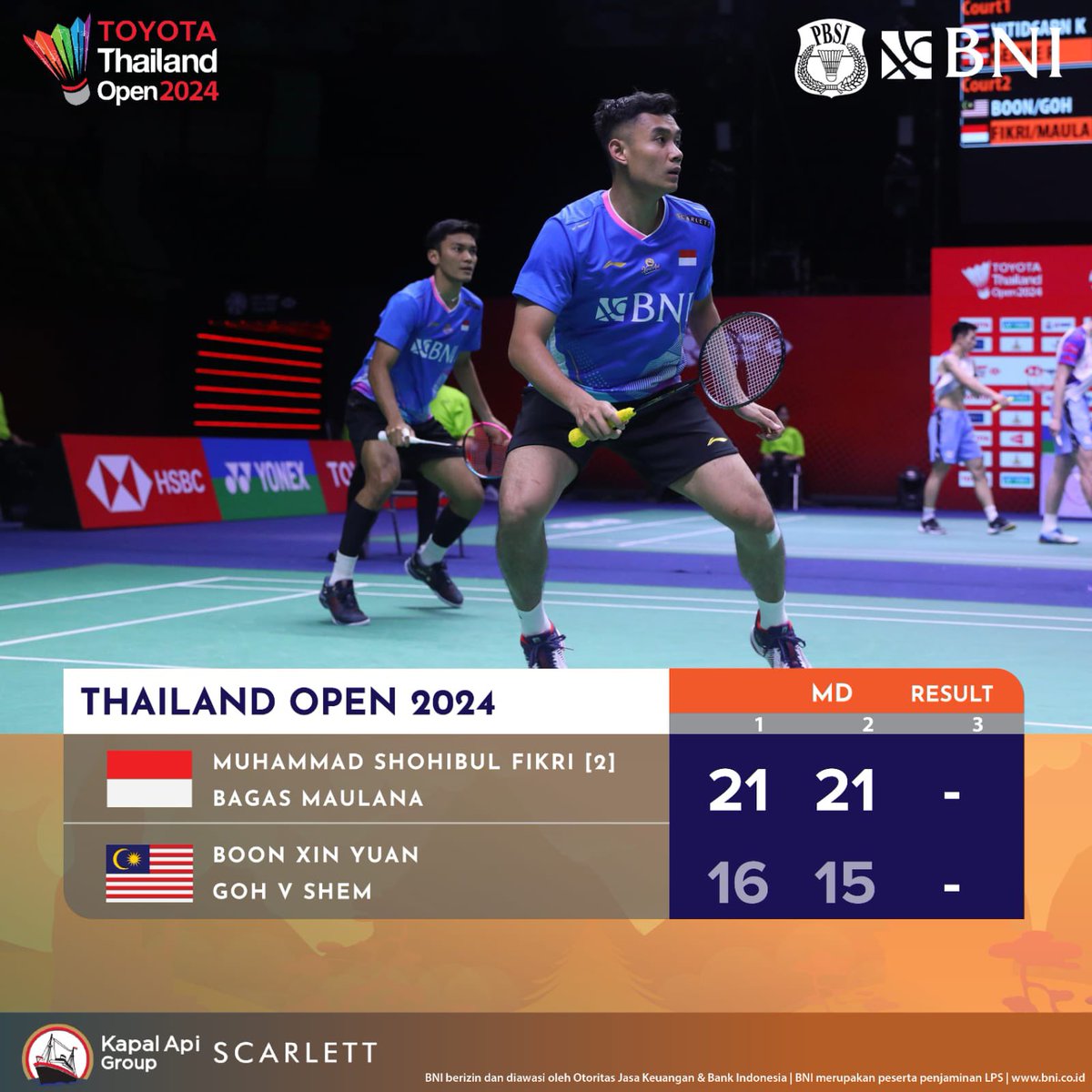 Bagas/Fikri menjinakkan perlawanan wakil Malaysia, Boon Xin Yuan/Goh V Shem dua game langsung untuk melangkah ke 16 besar.

Jaga fokus untuk laga selanjutnya, BaKri! 💯🔥🇮🇩

#ThailandOpen2024
#KitaIndonesia
#BadmintonIndonesia #MenjagaMerahPutih  #BNIGlobalReachIndonesianPride