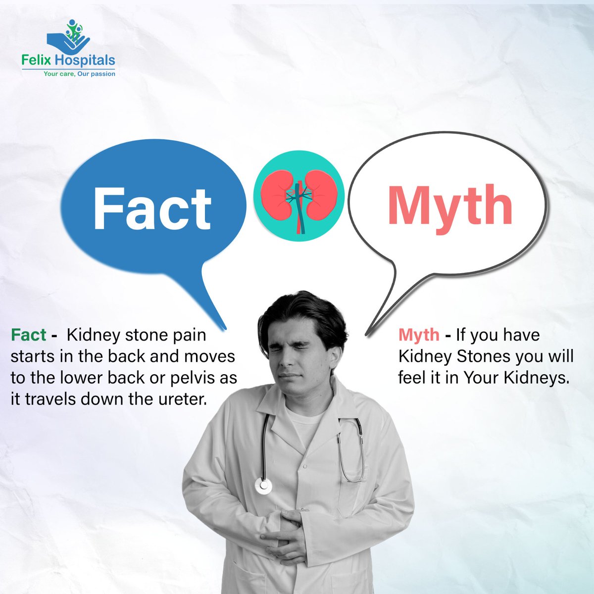 Kidney stone pain starts in your back and can spread. It's not just in your kidneys. Understanding this helps recognize symptoms accurately. #kidneycancer #myth #Kidneyfailure #mythandfact #kidneyhealth #facts #kidneydisease #factsyoudidntknow #letsgo #besthospitalinnoida