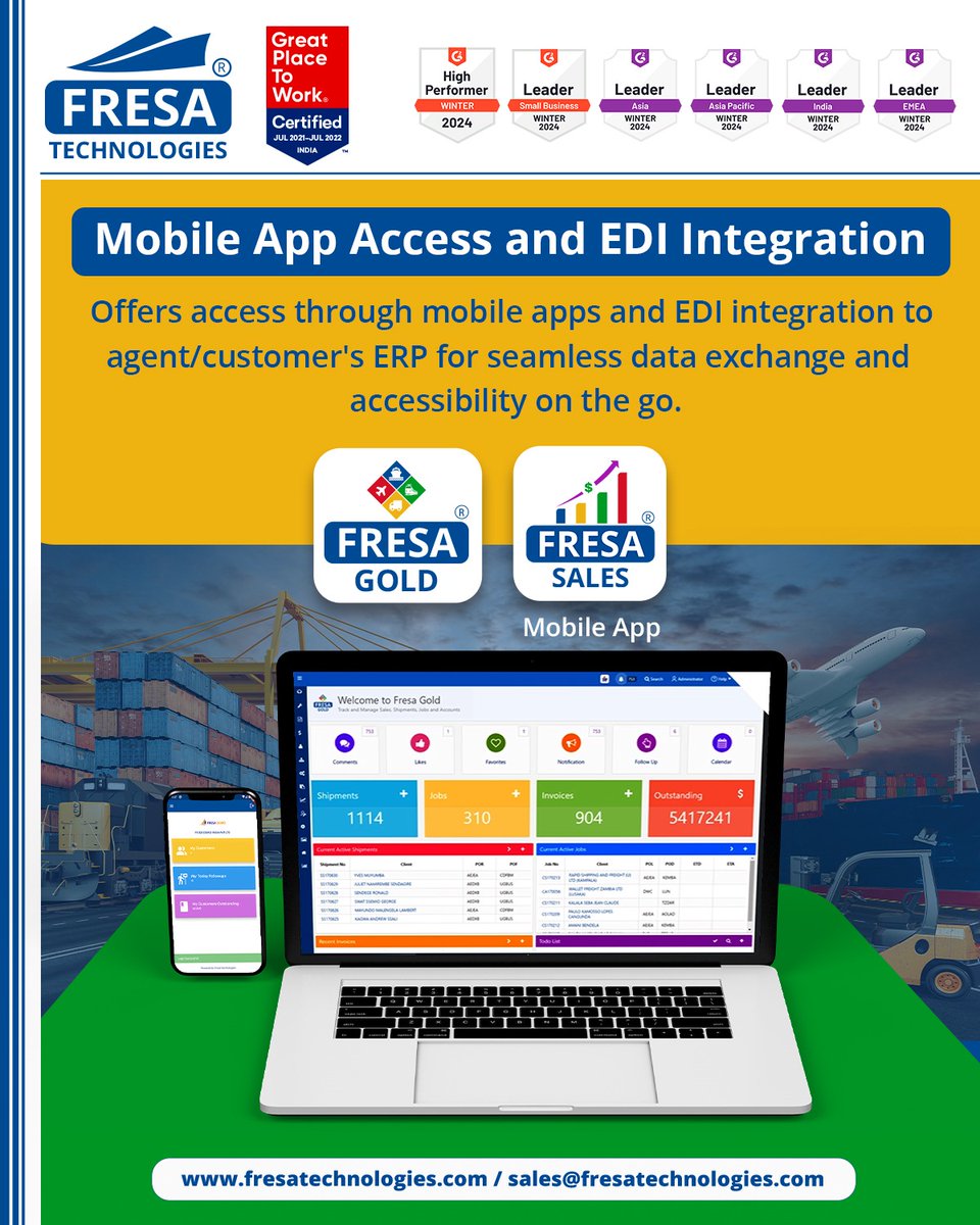 Mobile App Access and EDI Integration

Offers access through mobile apps and EDI integration to agent/customer's ERP for seamless data exchange and accessibility on the go.

#fresa | #shipping | #freight | #fresagold | #Fresasales | #Mobileapps | #EDI | #Integration