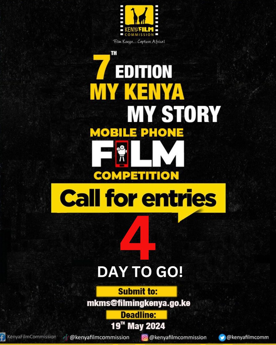 🌟 4 DAYS TO GO! 🎬
The countdown is on! Only 4 days left to submit your entry for the 7th edition of the My Kenya My Story mobile phone film competition.
SUBMIT NOW!
@moyasa_ke @talantahela @IsmailMaalim19 @TimothyOwase1 
#MKMS2024 #FilmInKenya