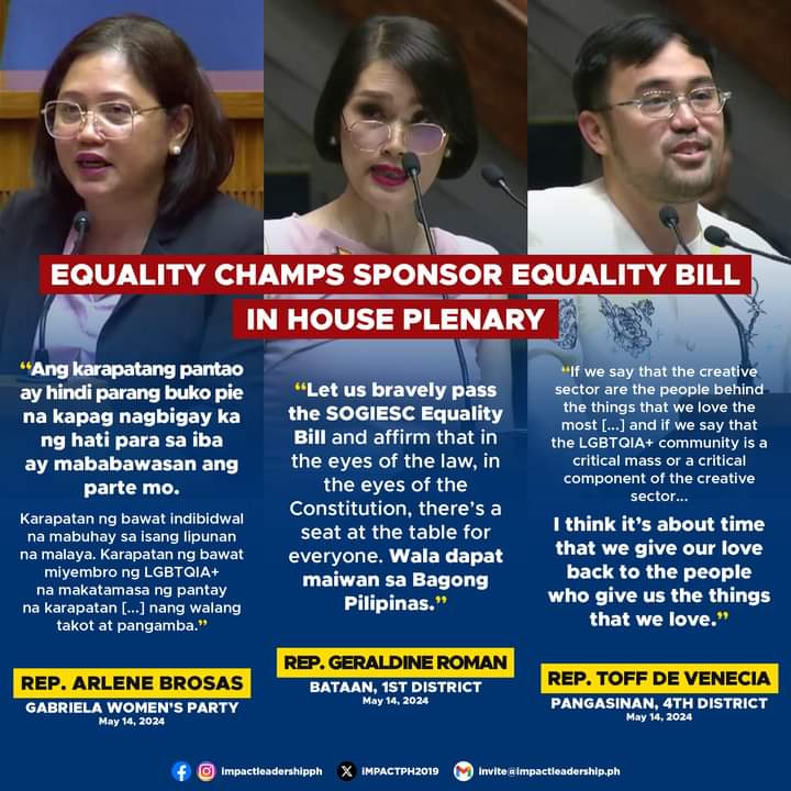 'WALA DAPAT MAIWAN' 🏳️‍🌈 House Committee on Women and Gender Equality Chairperson and Bataan Rep. Geraldine Roman, Gabriela Rep. Arlene Brosas, and Pangasinan Rep. Toff de Venecia delivered their privilege speech on the sponsorship of the SOGIESC Equality Act on Tuesday, May 14.