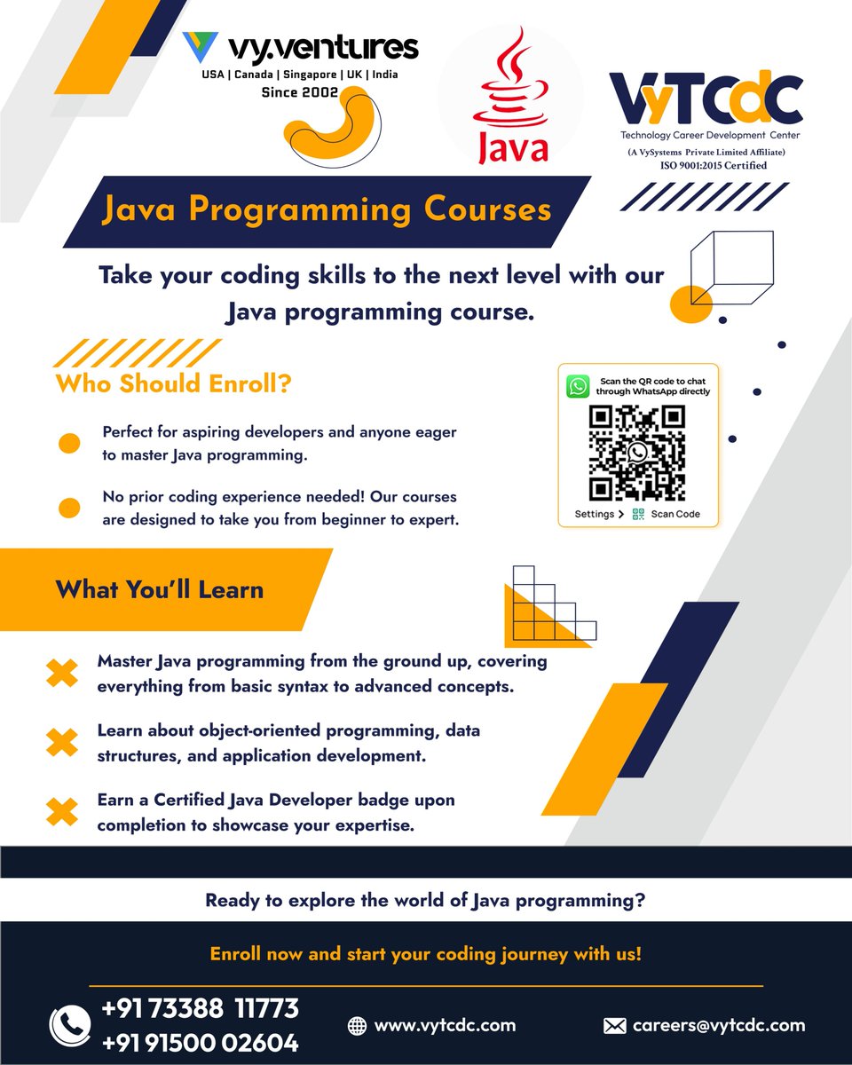 Master Java programming with us! From basic syntax to advanced concepts, become a Certified Java Developer. No prior coding experience needed! 

Enroll now:  vytcdc.com/courses/java-t…

#vytcdc #JavaProgramming #CodingSkills #CertifiedJavaDeveloper