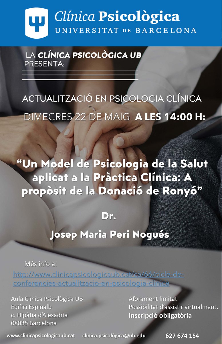 Continuem el cicle 'Actualització en Psicologia Clínica' amb la conferència 👉 Un Model de Psicologia de la Salut aplicat a la Pràctica Clínica: A propòsit de la Donació de Ronyó Inscriu-t'hi! ➡️ bit.ly/3K4dBTC