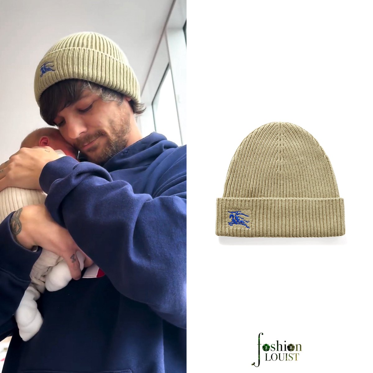 Louis wore a Burberry Ribbed Cashmere Beanie in Hunter in a recently shared video with his niece

A ribbed beanie in cashmere embroidered with the Equestrian Knight. Made at a 200 year old Scottish mill the fabric is brushed with teasels for a soft finish uk.burberry.com/ribbed-cashmer…