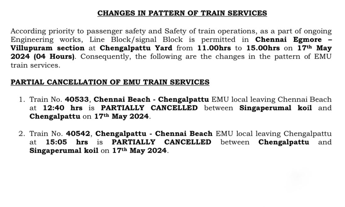 As part of ongoing engineering works, Line Block/signal Block is permitted in #Chennai Egmore – #Villupuram section at Chengalpattu Yard on 17th May 2024 Passengers are requested to take note on this and plan your #Travel #SouthernRailway #RailwayUpdate #RailwayAlert
