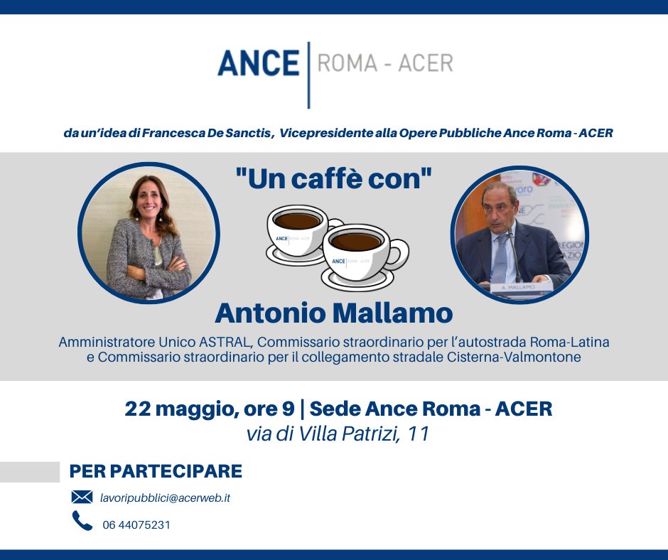 ☕ “𝐔𝐍 𝐂𝐀𝐅𝐅𝐄̀ 𝐂𝐎𝐍” ☕ 
Tornano gli appuntamenti con il format ideato dalla Vicepresidente De Sanctis per approfondire temi legati al settore edile: ospite, mercoledì 22 maggio, Antonio Mallamo, Amministratore Unico ASTRAL

Tutti i dettagli ⬇️
acerweb.it/un-caffe-con-a…