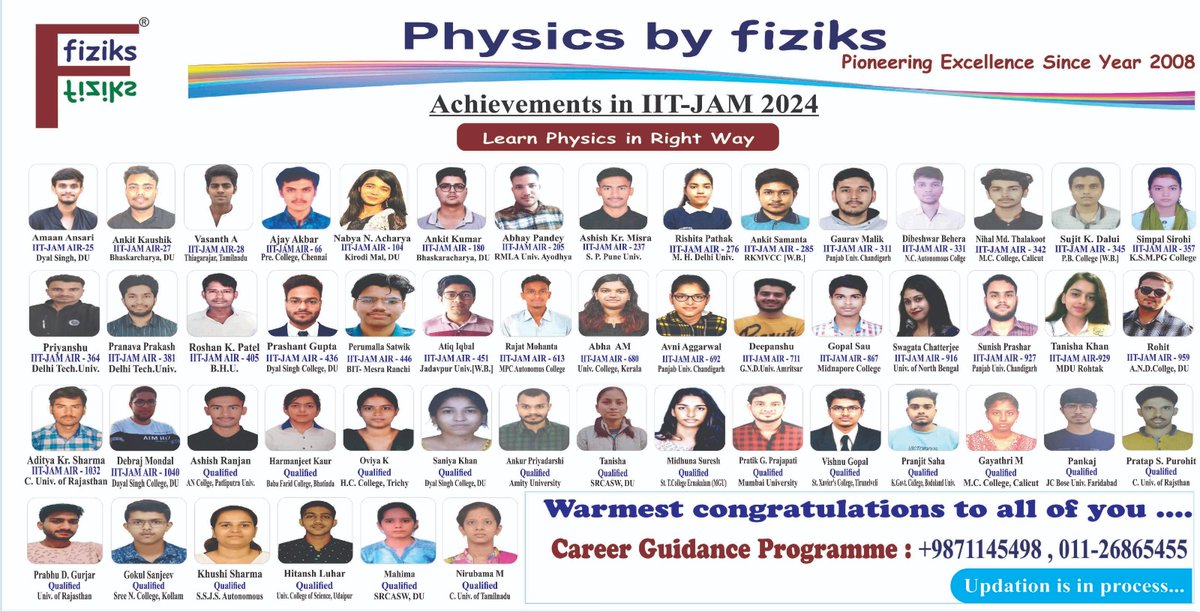 Achievements of fiziks in IIT JAM 2024 examination.
#Physicsbyfiziks #Physicalscience
#Learn_Physics_in_Right_Way