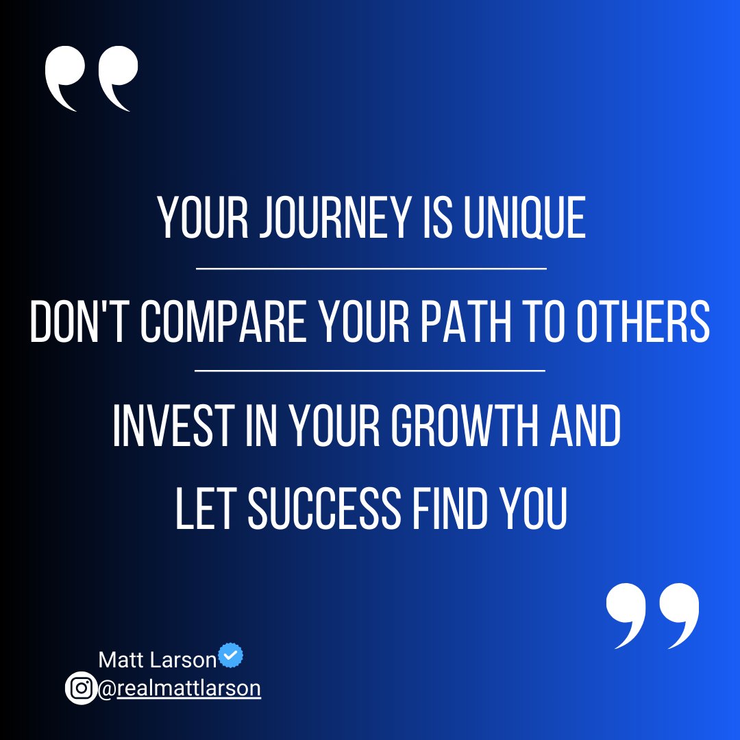 Your journey is unique.

Don't compare your path to others.

Focus on investing in your growth, and let success find you along the way.

#excellence #selfgrowth  #excellence #successfulmindset #realestatelife #realestatematt #deallab
