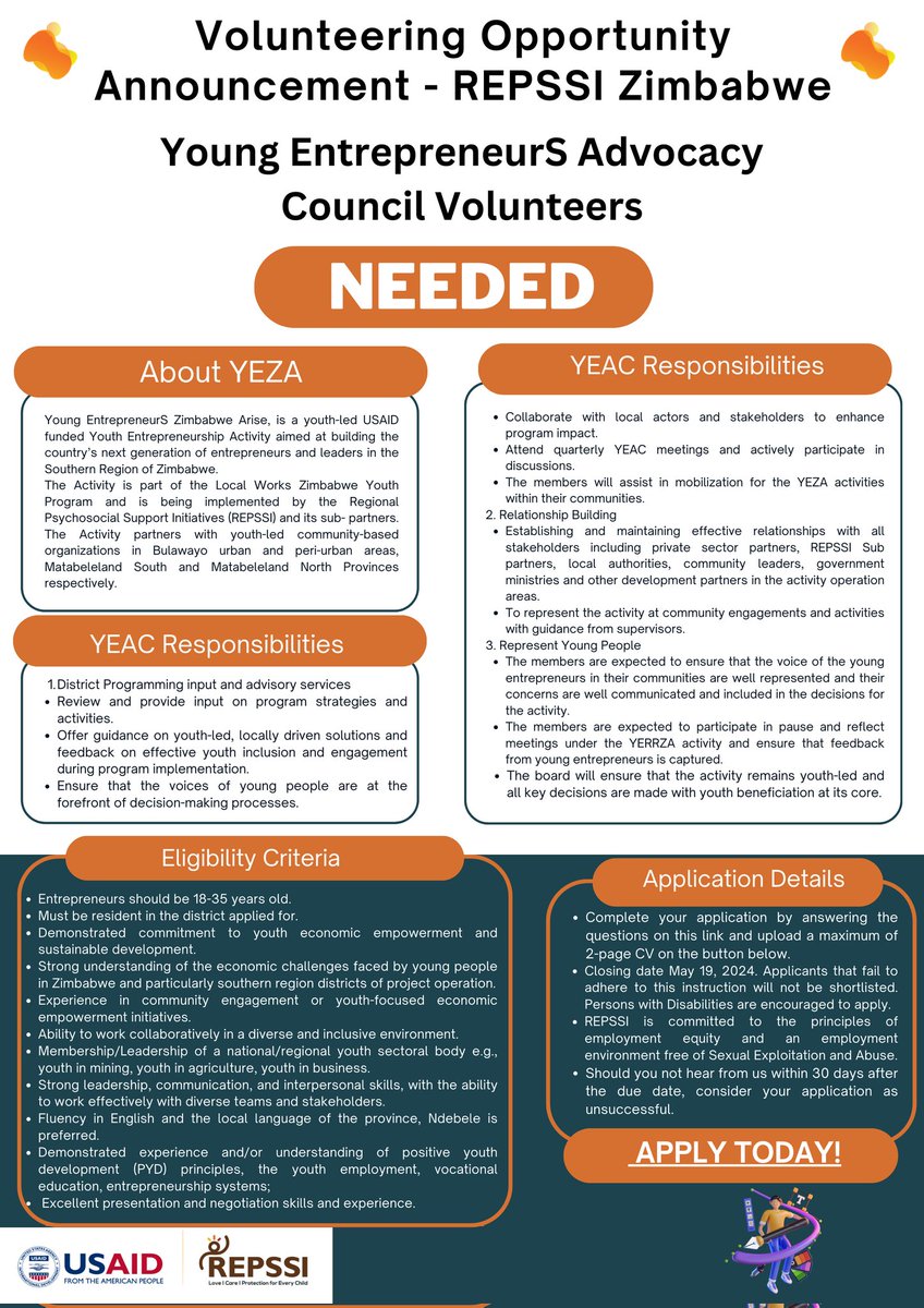 forms.office.com/pages/response…

Become a member of the Young EntrepreneurS Advocacy Council (YEAC) and make a real impact in your community. 

Click the link above to apply now⬆️

#Innovation #YoungEntrepreneurS #YEZA
@UsaidZimbabwe @bvtatrust @dotYOUTH @busimarunda1 @m_manditsera