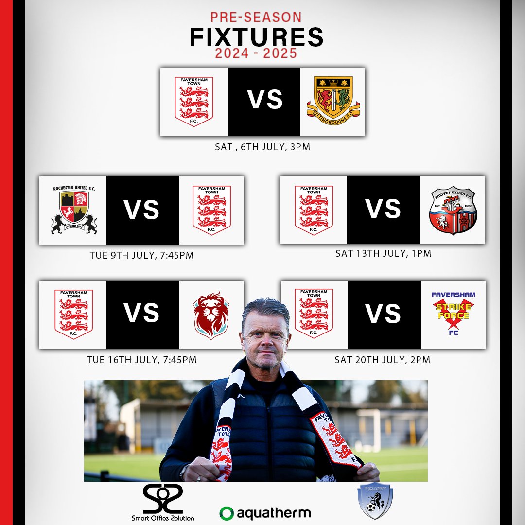 Pre- Season Fixtures🗓️

Featuring the exciting Bob Amor match against local derby rivals @SittingbourneFC and the annual showdown between Town & @StrikeForce_FC . 

Looking forward to seeing you all on July 6th for the season of Pre-Season 🦁🦁🦁

#UpTheLilywhites