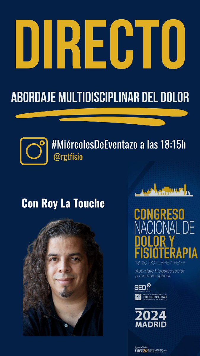 Esta tarde tenemos directo en Instagram con <a href="/RoyLaTouche/">Roy La Touche Arbizu</a> para hablar sobre abordaje #multodisciplinar del dolor, qué, cómo, cuándo y por qué. 
¡Os esperamos a las 18:15!