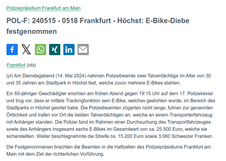 #Frankfurt #Höchst Dank eines 60-Jährigen und dessen GPS-Tracker konnte am gestrigen Abend ein Diebesduo festgenommen werden. In dem Transporter der beiden Diebe fanden die Kolleg. insgesamt sechs E-Bikes im Wert von ca. 25.500 Euro. 🗞️PM: presseportal.de/blaulicht/pm/4…