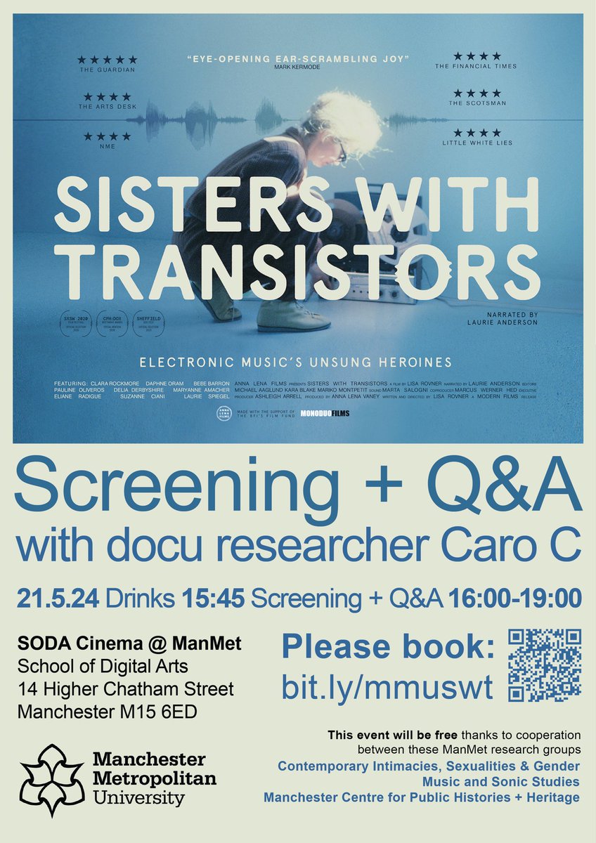 MCR screening of @SisWTransistors documentary with yours truly on Q&A duties with Susan O’Shea @ManMetUni Tues 21 May 16:00 #electronicmusic #womeninmusic