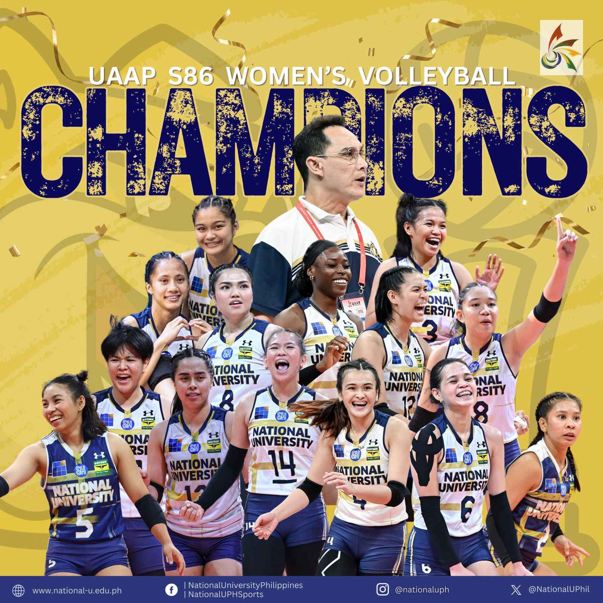 QUEENS OF UAAP VOLLEYBALL! 🏆💛💙  

The NU Lady Bulldogs sealed the Gold at the expense of UST, 25-23, 23-25, 27-25, 25-16, once again proving their dominance in the Women’s Volleyball today at the MOA Arena in Pasay.

📷: UAAP Media Bureau, James Lapuz
#GoBulldogs #UAAPSeason86