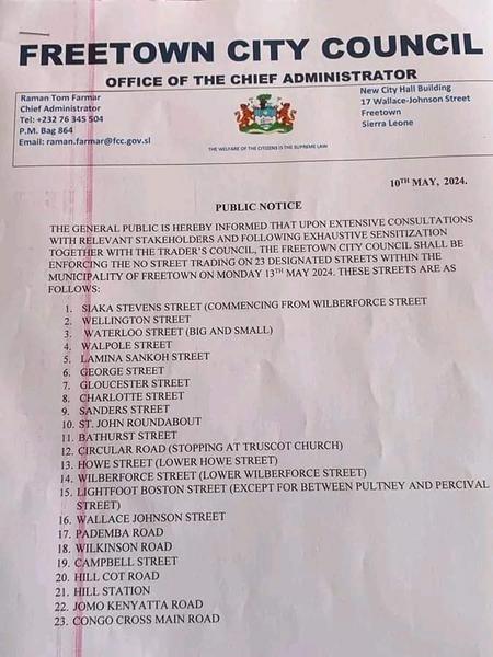 Yes, Freetown City Council has banned street trading on 23 designated streets within Freetown Municipality. More: sl.i-verify.org/yes-freetown-c…