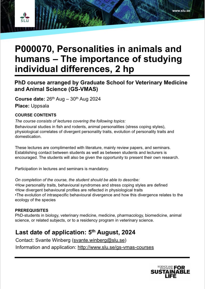 MariaRorvang's tweet image. New #PhDcourse out! 
The course is about #animalpersonalities and will include a breath of species from humans to rodents to farm animals.
For more information: slu.se/gs-vmas-courses
#SLU