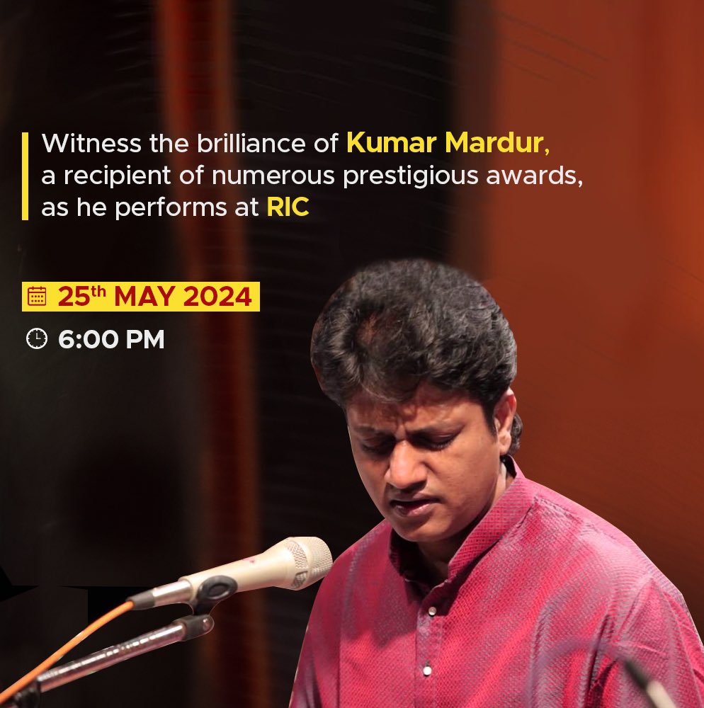 Experience a captivating performance by the acclaimed artist Kumar Mardur, who has graced the stages of Akashwani and Doordarshan! 

Mark your calendars for May 25th, 2024, as RIC hosts a night of Hindustani classical music that promises to leave you spellbound.