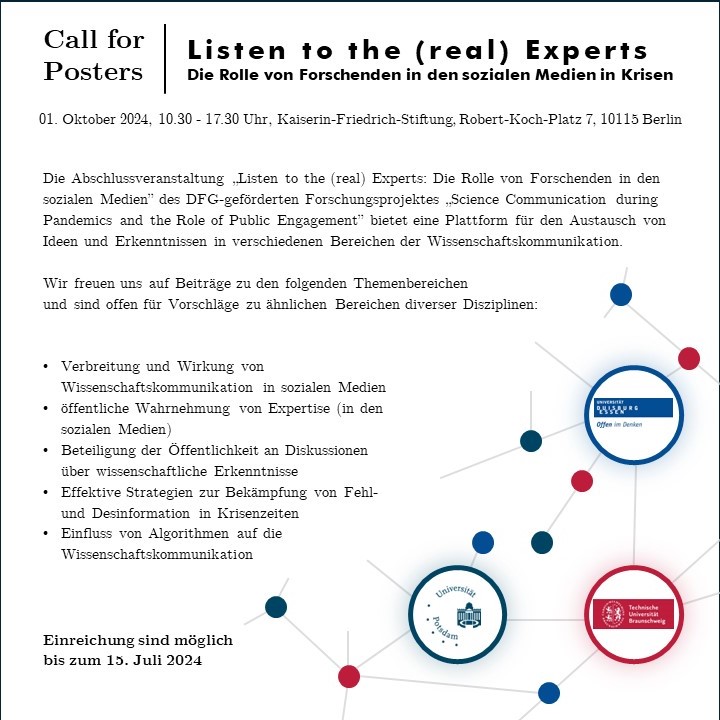 Social Psych – Uni DuE (closed) (@psychdue) on Twitter photo 🌟Call for Abstracts (Deadline 15.06.24)🌟
Forschst du zu WissKomm? Zusammen mit @IfKW_TUBS und <a href="/RGStieglitz/">RG Prof. Stieglitz</a> suchen wir noch Teilnehmende für die Postersession am 01.10.24 in #Berlin. Mit dabei sind <a href="/c_drosten/">Christian Drosten</a> und <a href="/BrinkmannLab/">Melanie Brinkmann 🇺🇦</a>
Mehr Infos hier: bit.ly/3UZLz1B 🌟Call for Abstracts (Deadline 15.06.24)🌟
Forschst du zu WissKomm? Zusammen mit @IfKW_TUBS und <a href="/RGStieglitz/">RG Prof. Stieglitz</a> suchen wir noch Teilnehmende für die Postersession am 01.10.24 in #Berlin. Mit dabei sind <a href="/c_drosten/">Christian Drosten</a> und <a href="/BrinkmannLab/">Melanie Brinkmann 🇺🇦</a>
Mehr Infos hier: bit.ly/3UZLz1B