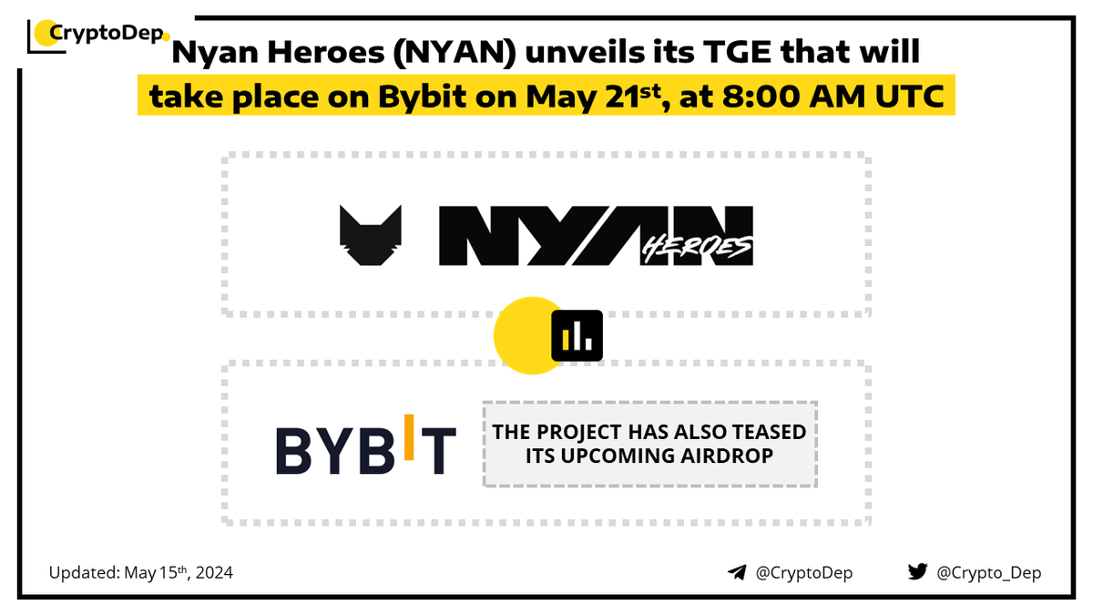 ⚡️ @NyanHeroes $NYAN unveils its TGE that will take place on Bybit on May 21st, at 8:00 AM UTC

Nyan Heroes will conduct the #NYAN TGE on the Bybit exchange on May 21st, at 8:00 AM UTC. The project has also teased its forthcoming #airdrop. Nyan Heroes is a play-to-earn NFT…