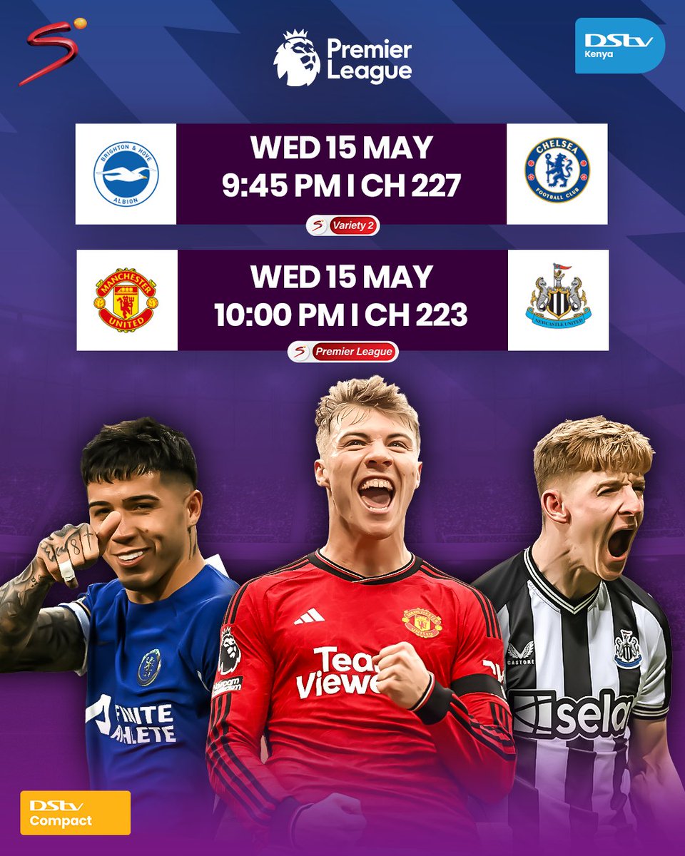 Tonight's #PL fixtures promise an exhilarating mid-week clash!⚔️🏟️ ⚽ #BHACHE | 9:45 PM | Ch. 227 ⚽ ⚽ #MUNNEW | 10 PM | Ch. 223 ⚽ To Stream 📲: bit.ly/DStvStream Download #MyDStv App or Dial ✳423# to get connected to DStv Compact for KES 3,700. #DStvFootballFinals