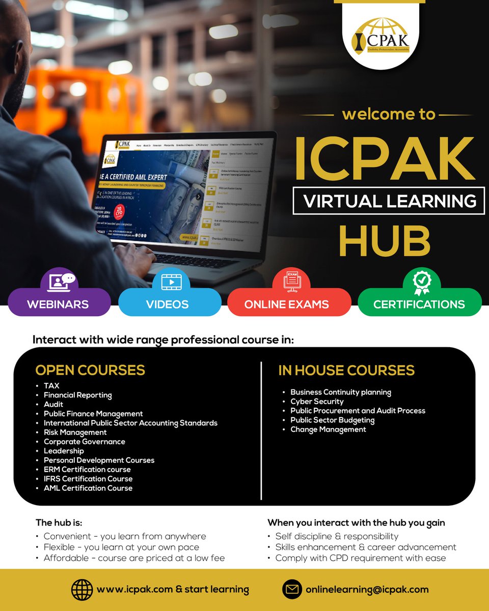 Ready to take your career to new heights? Check out our exciting lineup of courses and workshops on icpak.com and start your transformative journey today! Don't miss this opportunity to grow and expand your career. #ProfessionalDevelopment #VirtualLearningHub ^CA