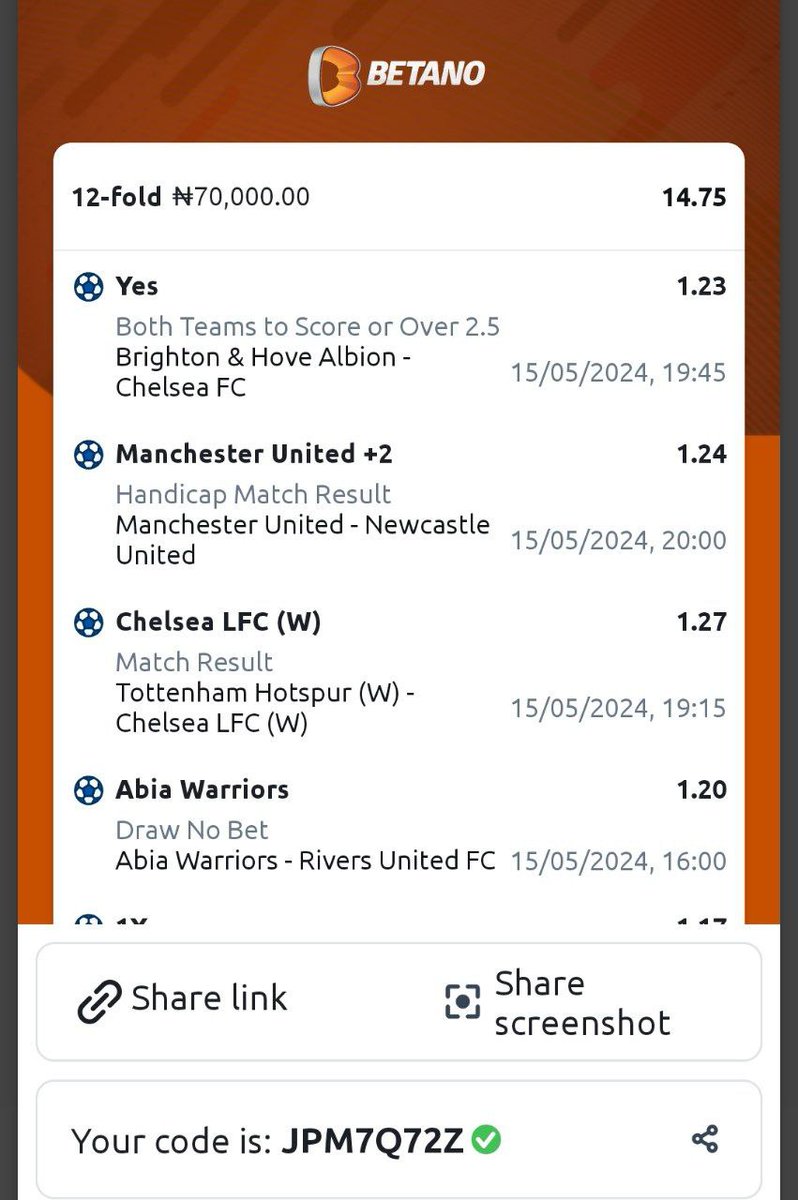 14 odds on BETANO Code: JPM7Q72Z Betslip link- betano.ng/mybets/2022394… Register👇👇 gml-grp.com/C.ashx?btag=a_… PROMO CODE. YANKEE