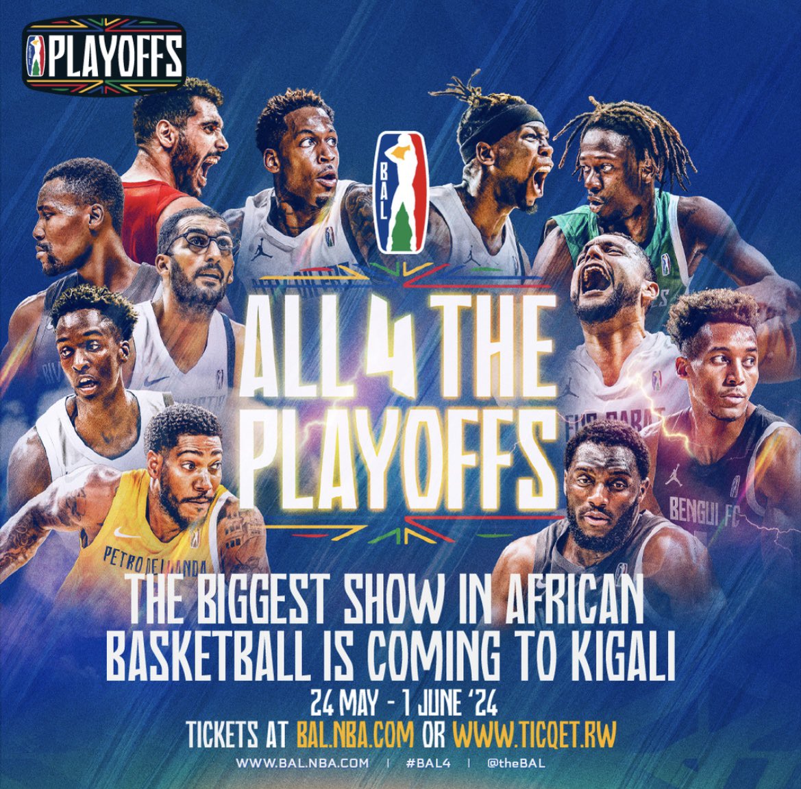 The Africa's biggest basketball show is coming to Kigali in less than 2 weeks🏀🔥. The #BAL4 playoffs bring out nothing but thrilling games from 24th May to 1st June,2024⚡. You don't want to miss these moments. Get your tickets now at ticqet.rw.