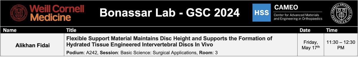 The Bonassar Lab is heading to Bangkok! Check out Alikhan's talk on flexible support materials for total disc replacement at the Global Spine Congress on Friday, May 17th #TissueEngineering #GSC2024 @Khancepts_ @CornellBME @CornellEng