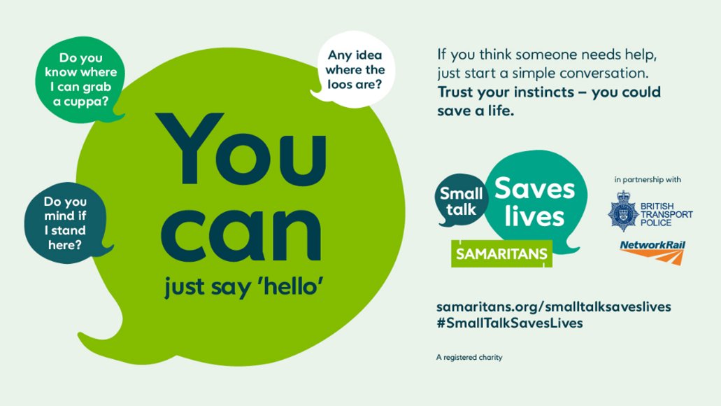 A simple ‘hello’ might be all it takes. Sparking that conversation with someone you think may need help, could be all they need. 

#MentalHealthAwarenessWeek #SmallTalkSavesLives @Samaritans

💚