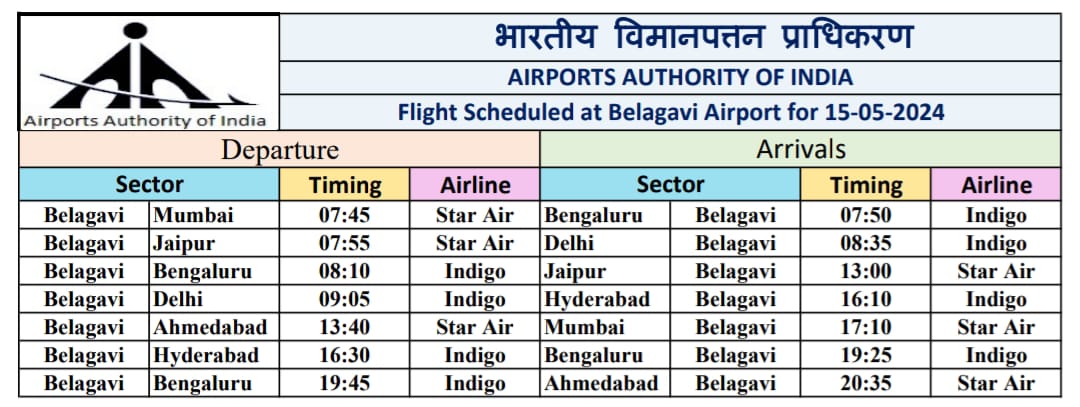Flight Schedule for 15.05.2024 #BelagaviAirport #AAI @AAI_Official @AAIRHQSR @MoCA_GoI