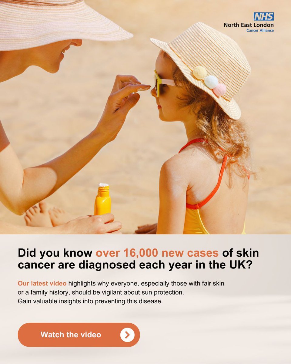 Did you know over 16,000 new cases of skin cancer are diagnosed each year in the UK? 

Especially those with fair skin or a family history, should be vigilant about sun protection. 

Watch the video bit.ly/4dmEPCa #CancerPrevention #Healthcare #SkinCancerAwarenessMonth