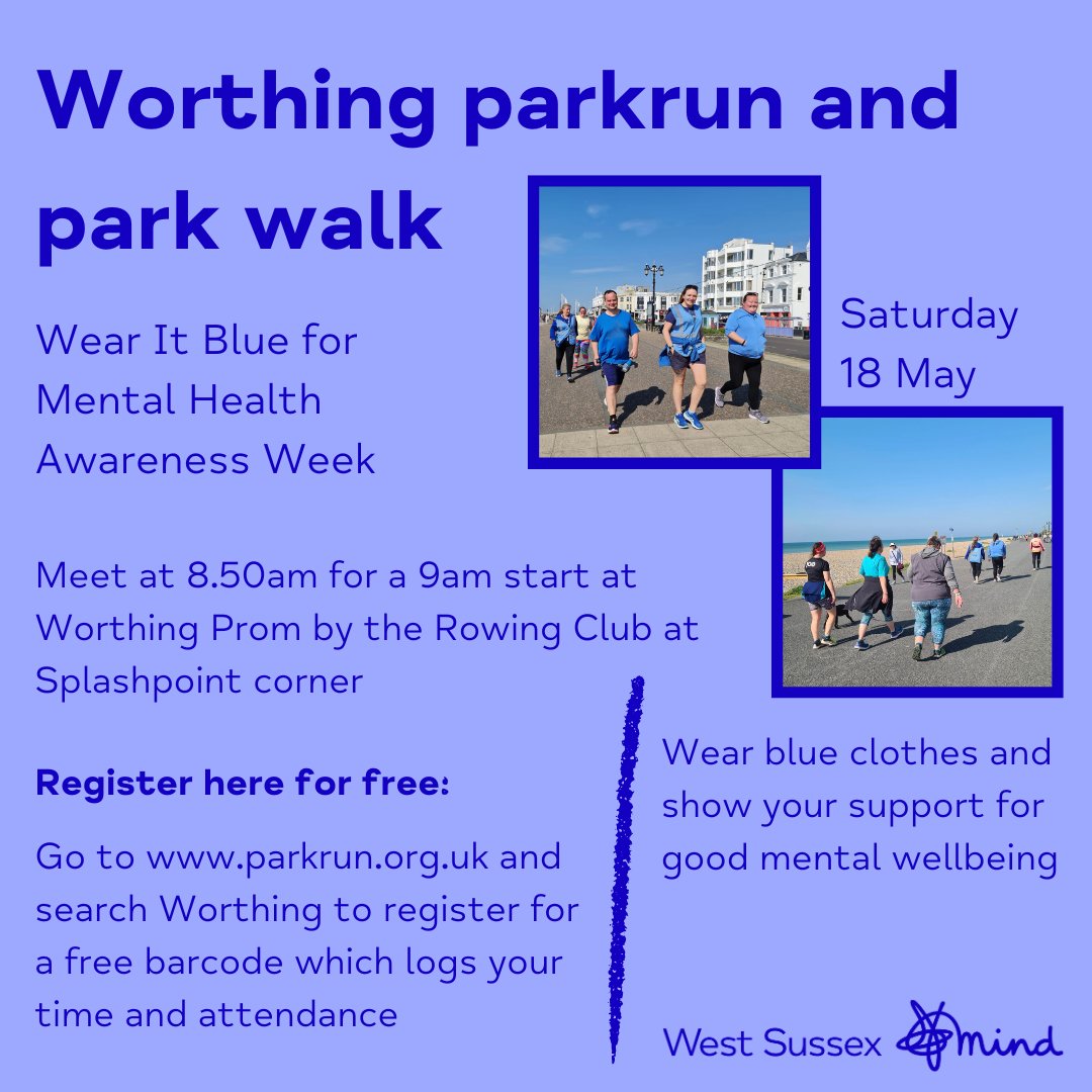 Wear It Blue at Worthing parkrun this Saturday 18 May! Show your support for good mental well-being ❤️ Register on the parkrun website for free: parkrun.org.uk/worthing/ #WearItBlue #fundraising #run