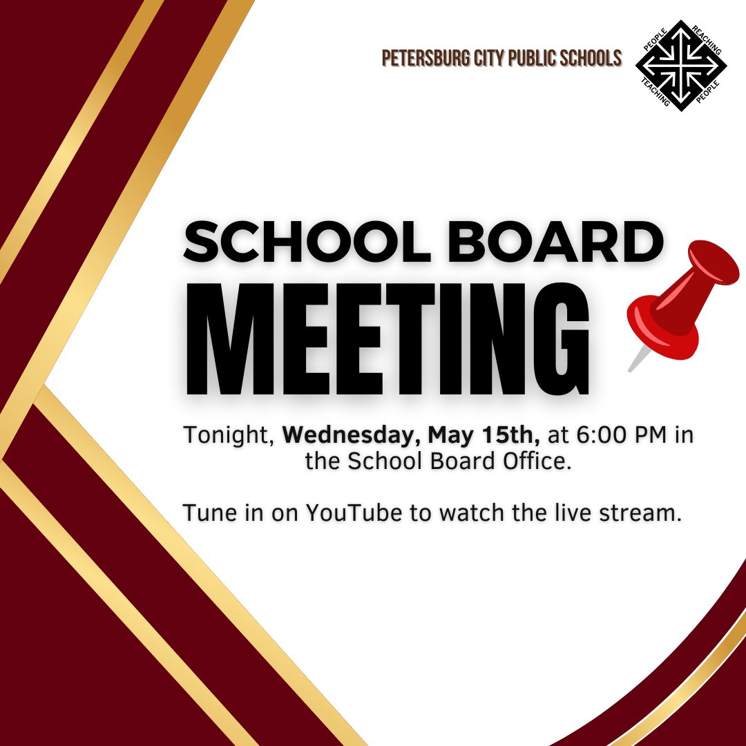 📌School Board Meeting tonight at 6 PM: Those interested in speaking may do so in person or email the Clerk's Office at schoolboardclerk@petersburg.k12.va.us by 4:00 p.m., today, and your name will be placed on the list to speak during the public comment period.