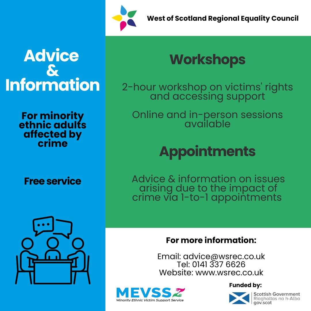 We are providing advice and information sessions for minority ethnic adults who have been affected by any type of crime. For more information, please email advice@wsrec.co.uk or call 0141 337 6626. #wsrec