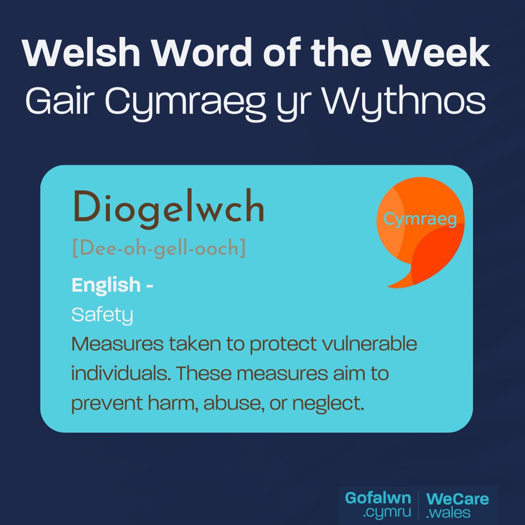 Know someone who's learning Welsh? 🤔 Our #WelshWednesday series is sure to help! Have you given it a go?👀 Today's word is 'Diogelwch', which is very important in the care sector.