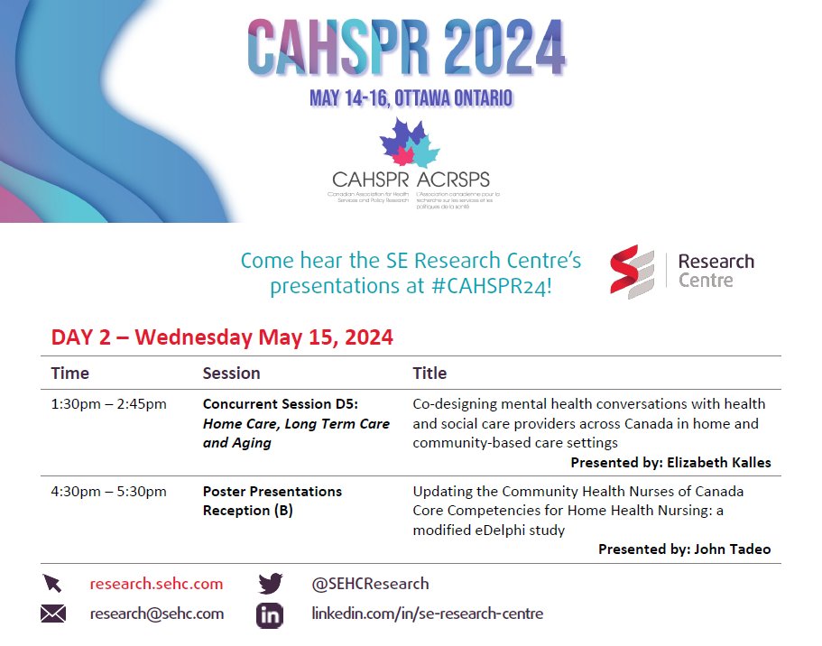 Today at Day 2 of #CAHSPR24! Don't miss @lizdoesresearch presenting findings from our #participatory mixed-methods research aimed to #CoDesign & test an evidence-based approach to #MentalHealth conversations in home+community care settings across 🇨🇦. 1:30-2:45pm Session D5