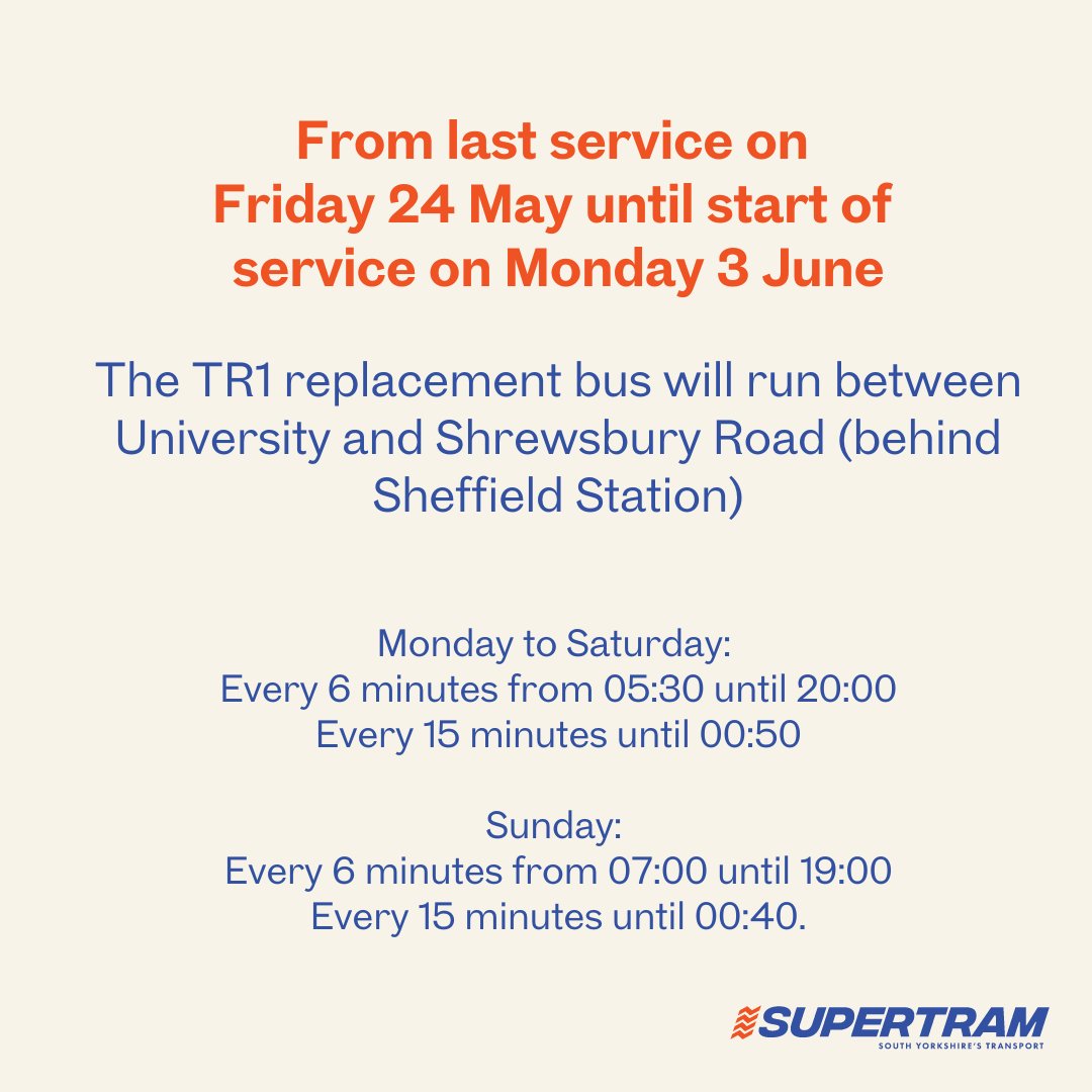 City centre rail improvements. From the last tram on Fri 24 May until start of service on Mon 3 June a tram replacement bus service will operate. All tram & multi-modal tickets will be accepted for travel on the TR1 replacement bus service. More here: orlo.uk/Vjvz6