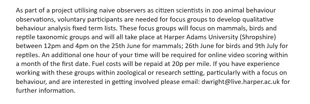 DrElliephants's tweet photo. *Zoo friends* 
My PhD student is looking at using citizen scientists in the zoo. For this he is looking at developing QBAs... and he needs some expert help! Unfortunately the budget is super tight so we need people who are close enough to day trips :) Please share! https://t.co/dWxmlMXr06