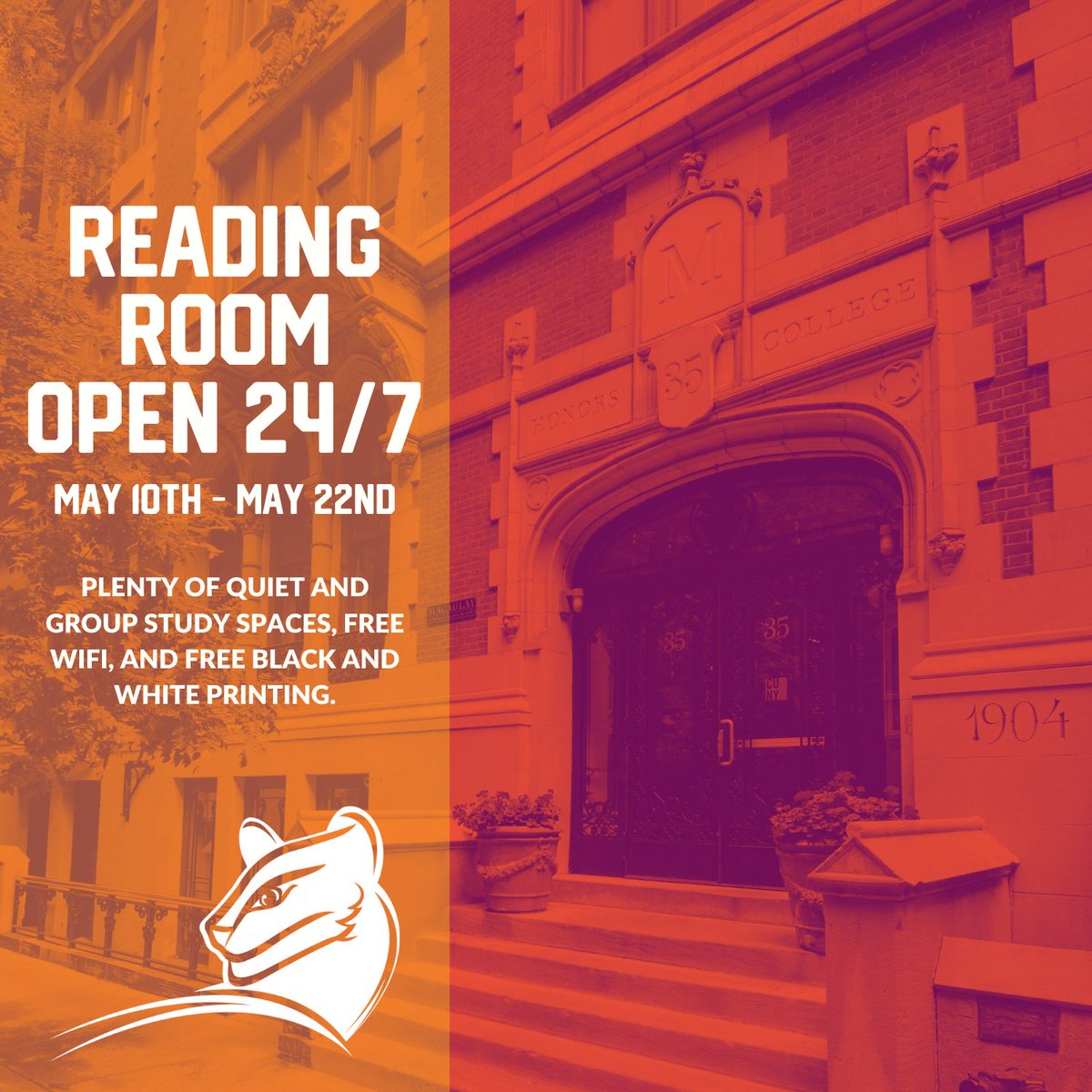 ⏰ The Macaulay Building will be open 24/7 until Wednesday, May 22nd. Give us a visit and enjoy quiet study spaces, free printing, coffee & tea, and more! Wishing everyone a successful finals season. 📚