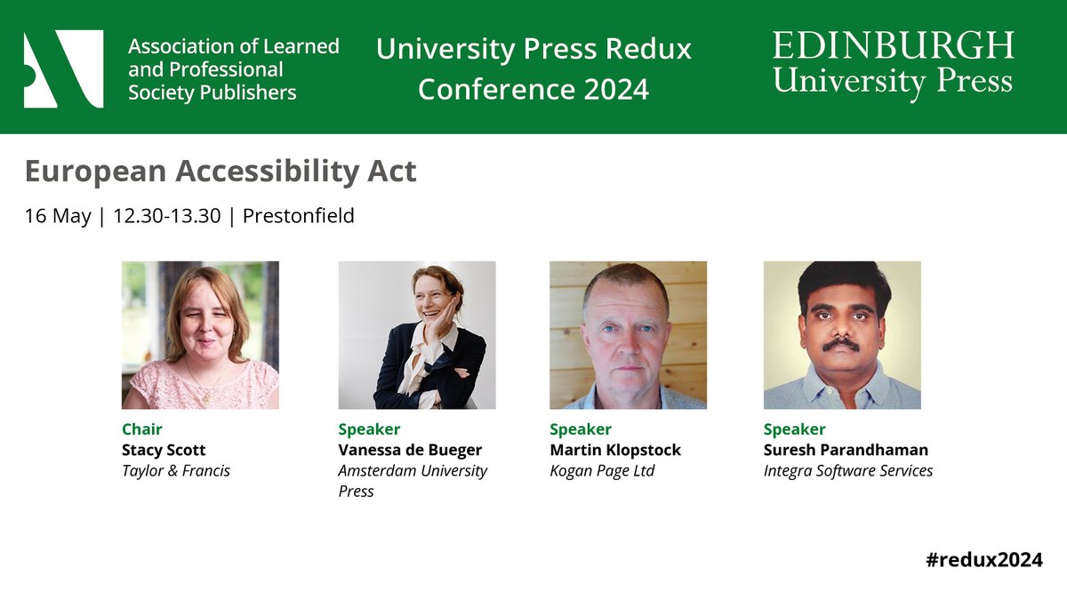 Join the conversation on accessible publishing! This Thursday, our Director of Sales and Marketing, Vanessa de Bueger, will participate in the 'European Accessibility Act' panel at #Redux2024 Read more about the programme of @alpsp and the panel here: alpsp.cventevents.com/event/6c425408…