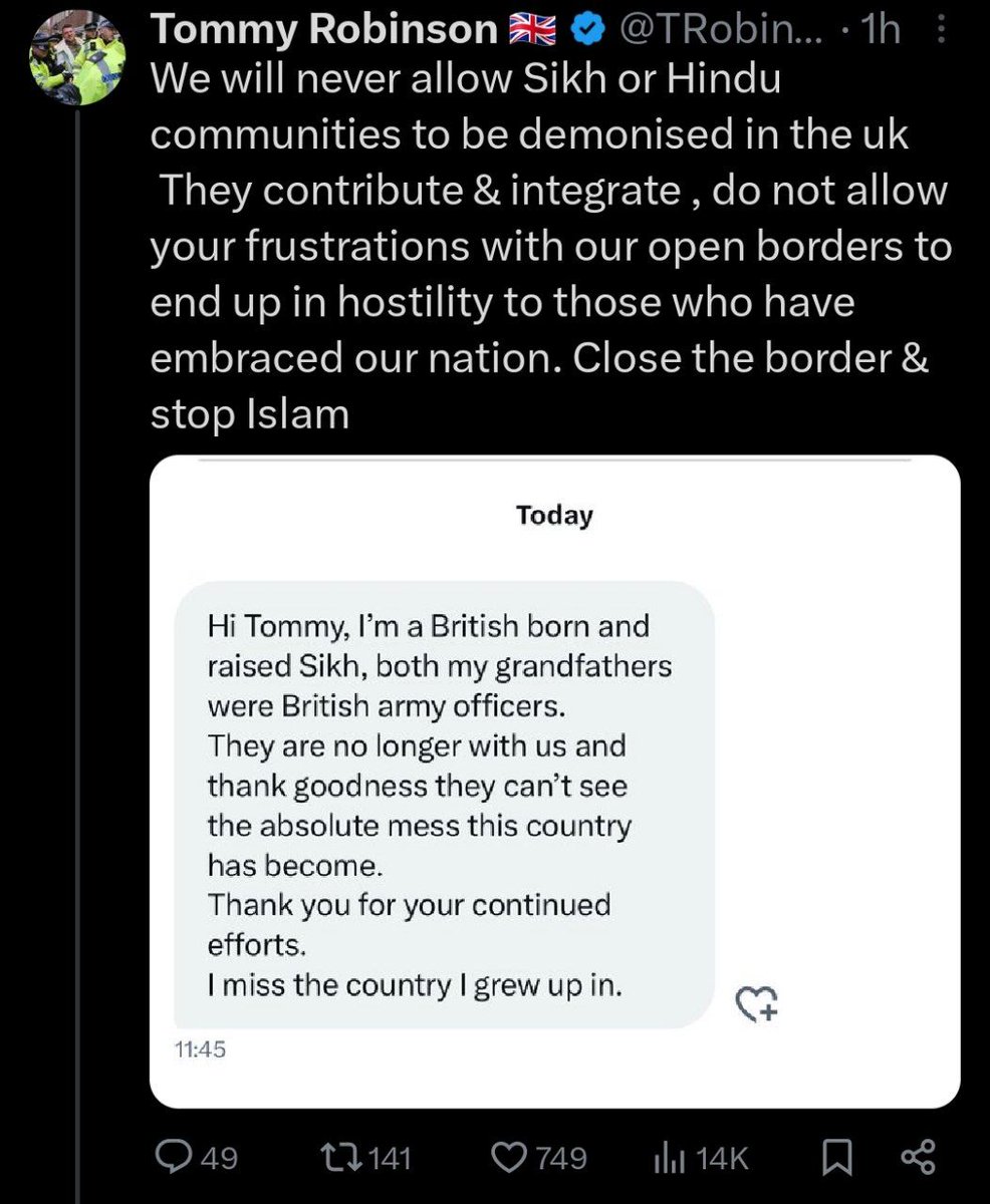 Reminder that Tommy Robinson, who said he would welcome all 18 million from Saudi Arabia into the UK to undermine Islam, is not a nationalist – he is just a liberal who dislikes Islam

He has an audience because of the false perception he is a nationalist, support from Zionist…